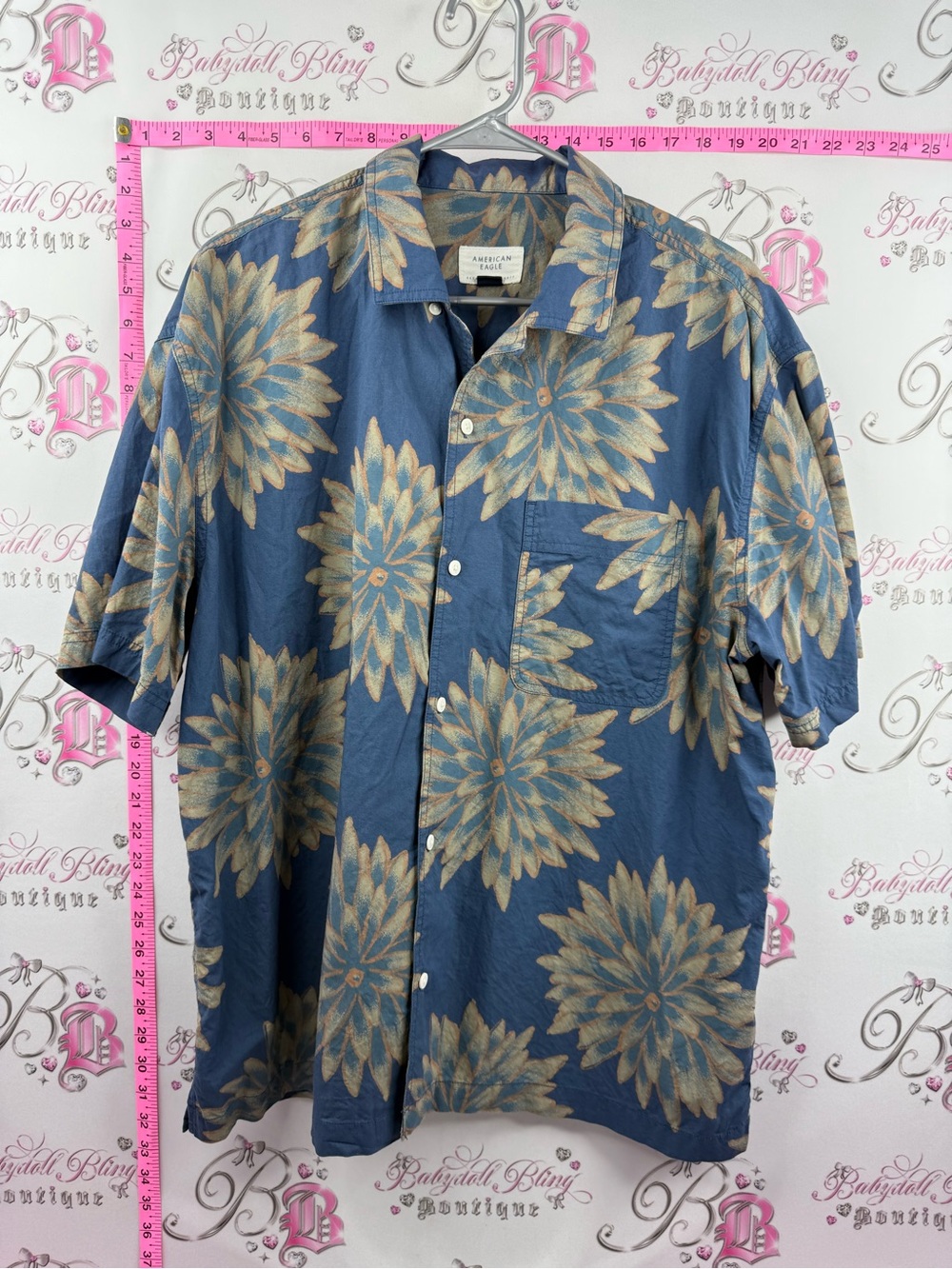 American Eagle Outfitters Blue Floral Short-Sleeve Button-Up Shirt